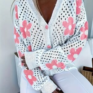 Lightweight Floral Knit Women's Sweater Cardigan White and Pink